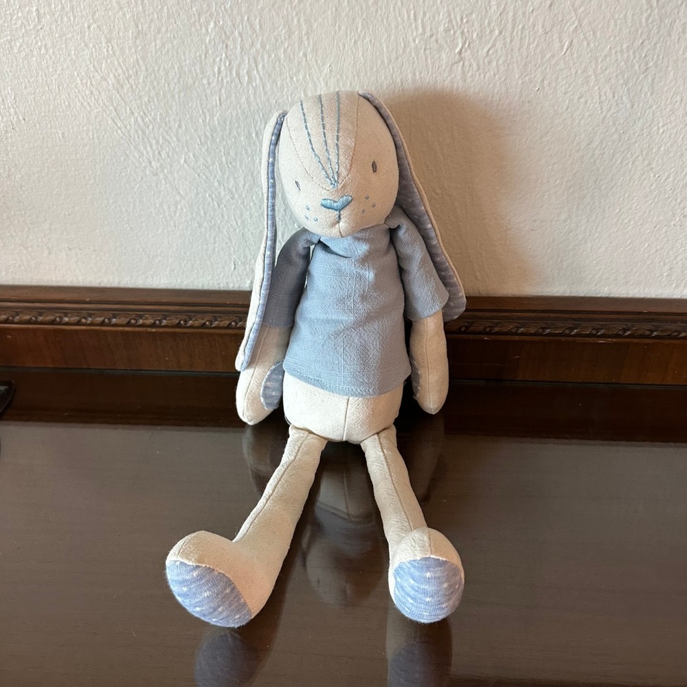 Demdaco Blue Linen Bunny Rabbit Plush Stuffed Animal Heart Nose 15 inch